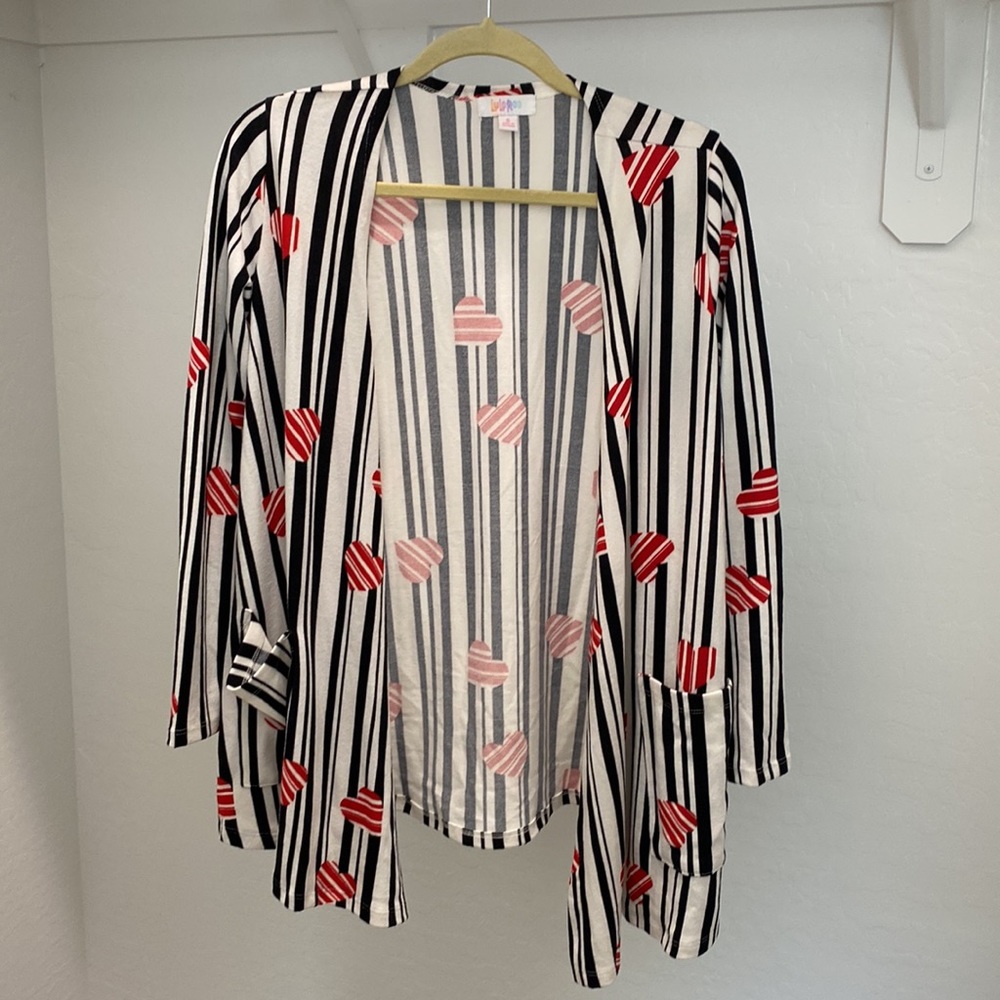 LuLaRoe Caroline EUC black stripes with hearts